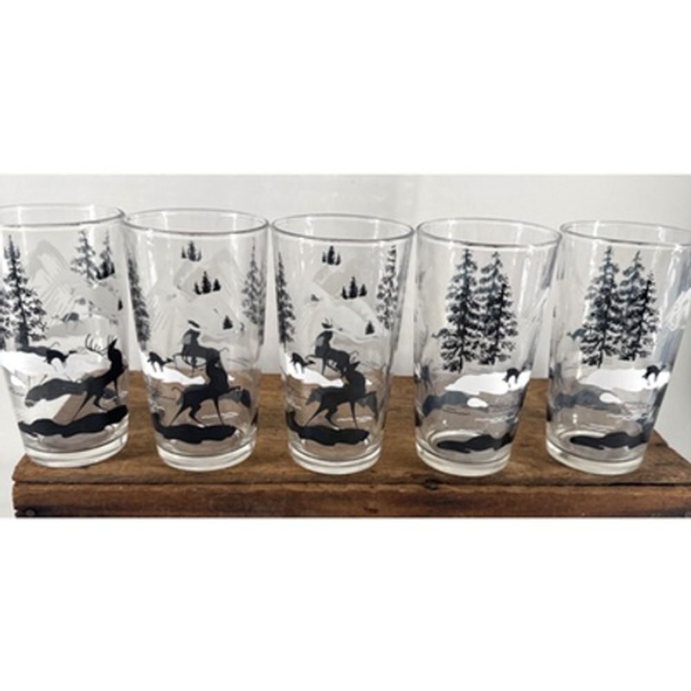 Hazel Atlas Vintage Highball Glasses Stag Deer Mountain Forest Scene Set Of 5